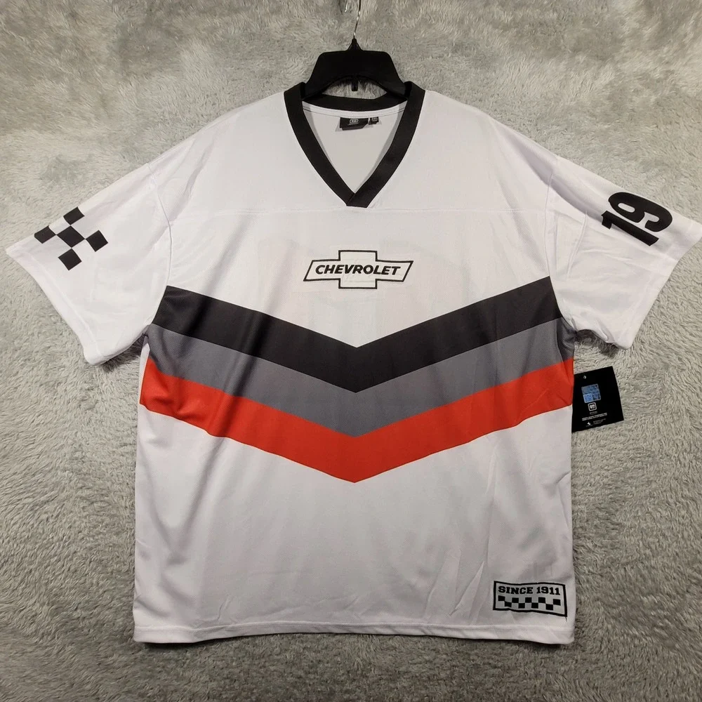Chevrolet Jersey Mens 2XL White V-Neck Racing Graphic Short Sleeve